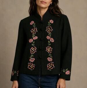 Vintage Fresh Groove 100% Wool Embroidered Floral Cardigan Sweater Sz M Jacket